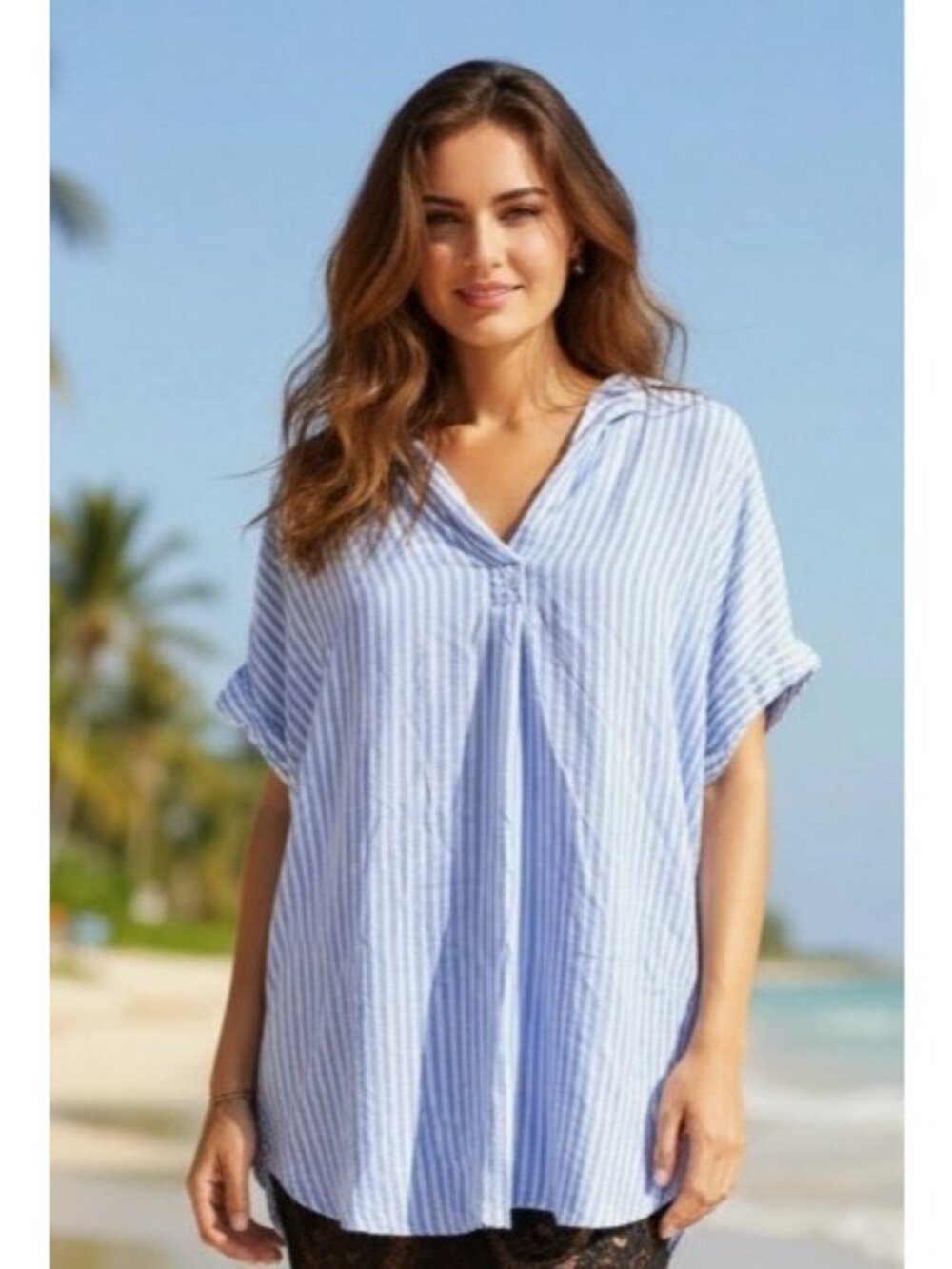 Beach Lunch Lounge Kenzie Shirt Small Blue White Striped Top Cruise Casual EUC